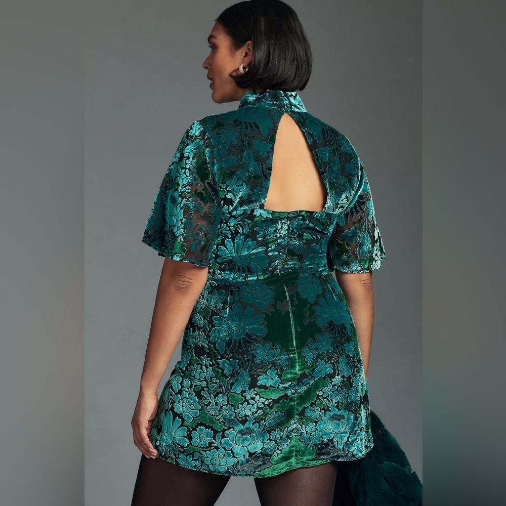 By Anthropologie Floral Velvet Dress in Teal and Black - Picture 7 of 10